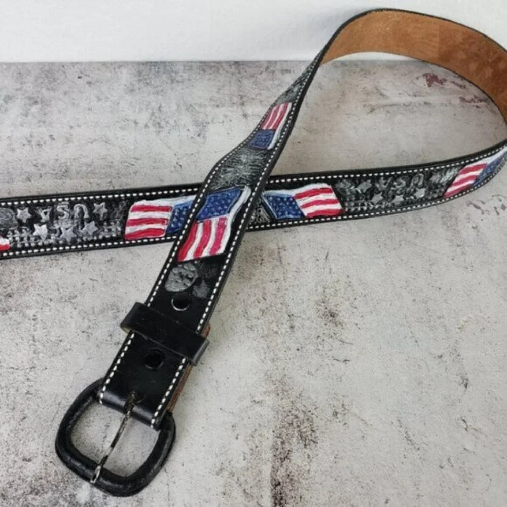 Vintage Leather Belt Tooled Painted Patriotic USA Flag size 38 Stars & Stripes